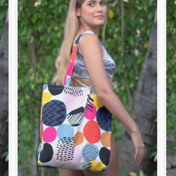 Ikea Shopping Bag POTTFRILLA White Multicolor Polka Dots Tote - Picture 1 of 8